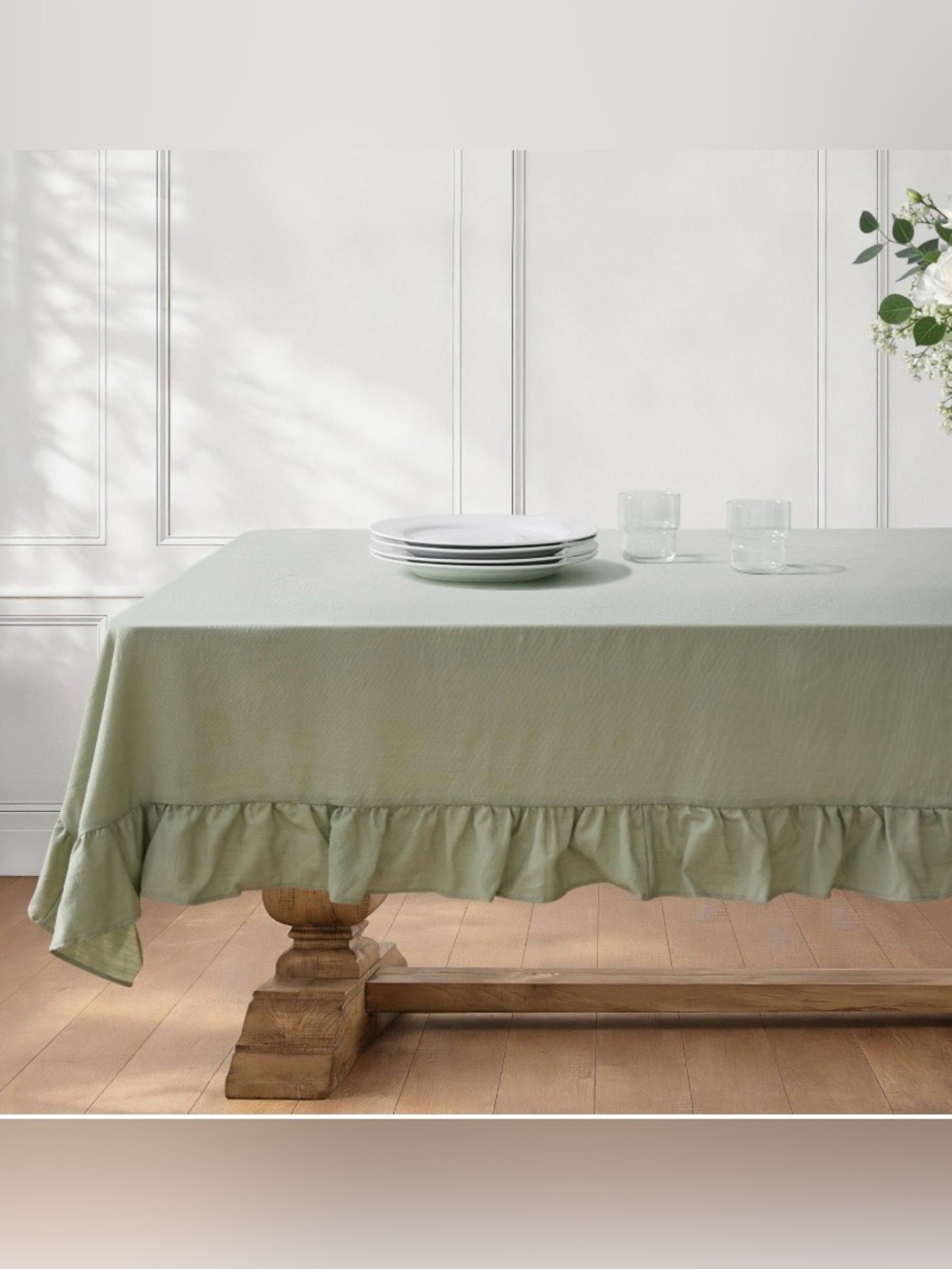 Farmhouse Ruffle Tablecloth 100% Cotton Waterproof Rectangular 52x70” SAGE GREEN